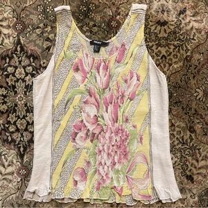 Vintage DKNY Floral Silk Shirred/Smocked Ruffle Tank Top Sleeveless Blouse